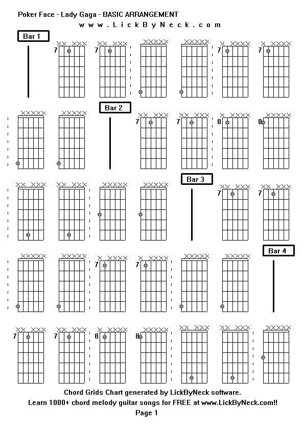 Chord Grids Chart of chord melody fingerstyle guitar song-Poker Face - Lady Gaga - BASIC ARRANGEMENT,generated by LickByNeck software.